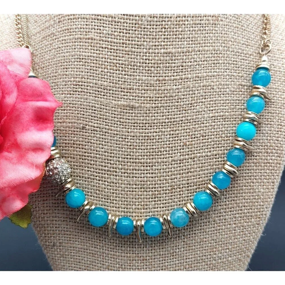 NWT Sequin Gold Tone & Blue Bead Collar Necklace Asymmetrical Paved Pendant 18